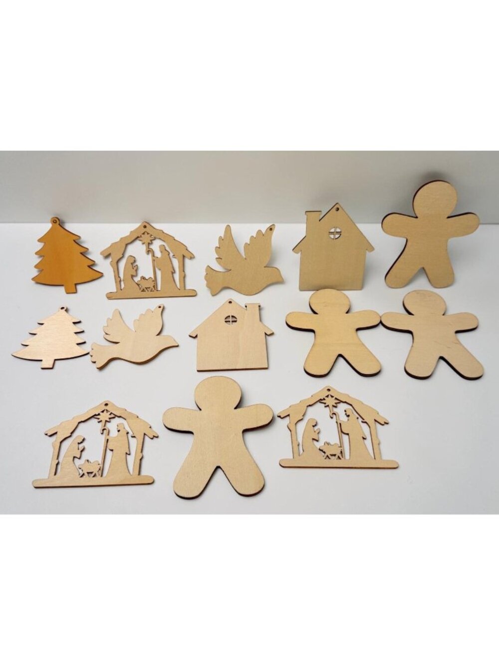 Wooden Christmas Ornament Lot of 13 Crafts Nativity Trees Doves Gingerbread Men